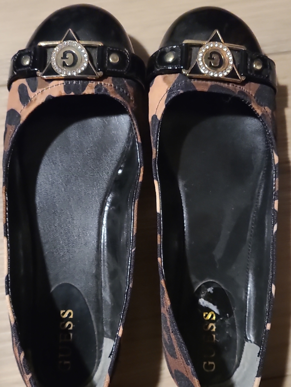 Guess Brown Leopard-Print Ballet Flats with Black Patent Trim Sz 8